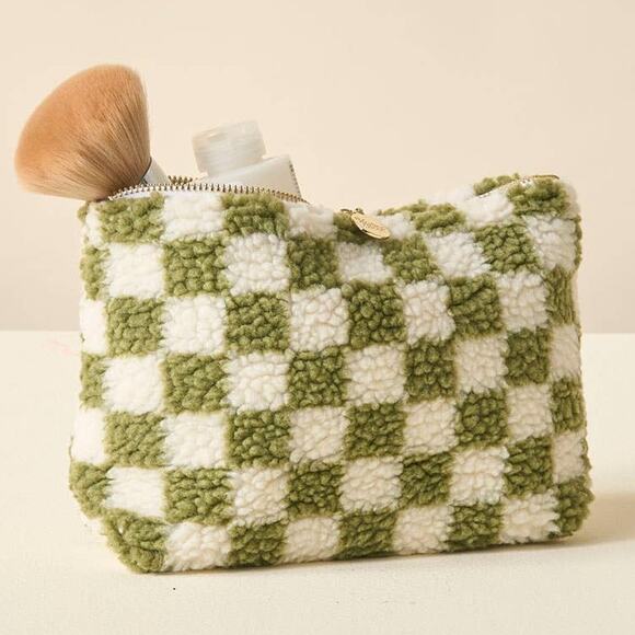 Sherpa Teddy Travel Cosmetic Pouch Check Green White - Picture 3 of 6